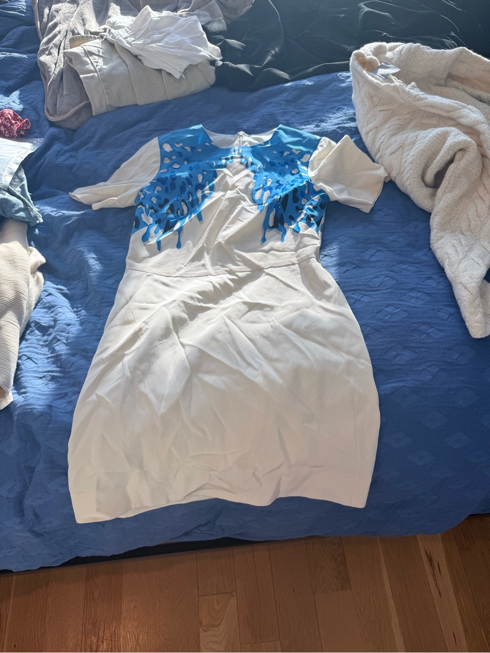 Tibi White Mini Dress with Blue Graphic Detail